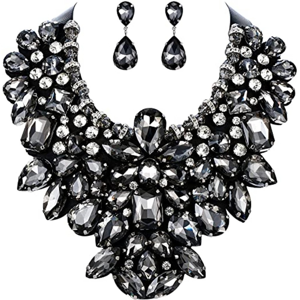 Rhinestone Crystal Statement Necklace Earrings Set Black Cachoban Crystal Neckla